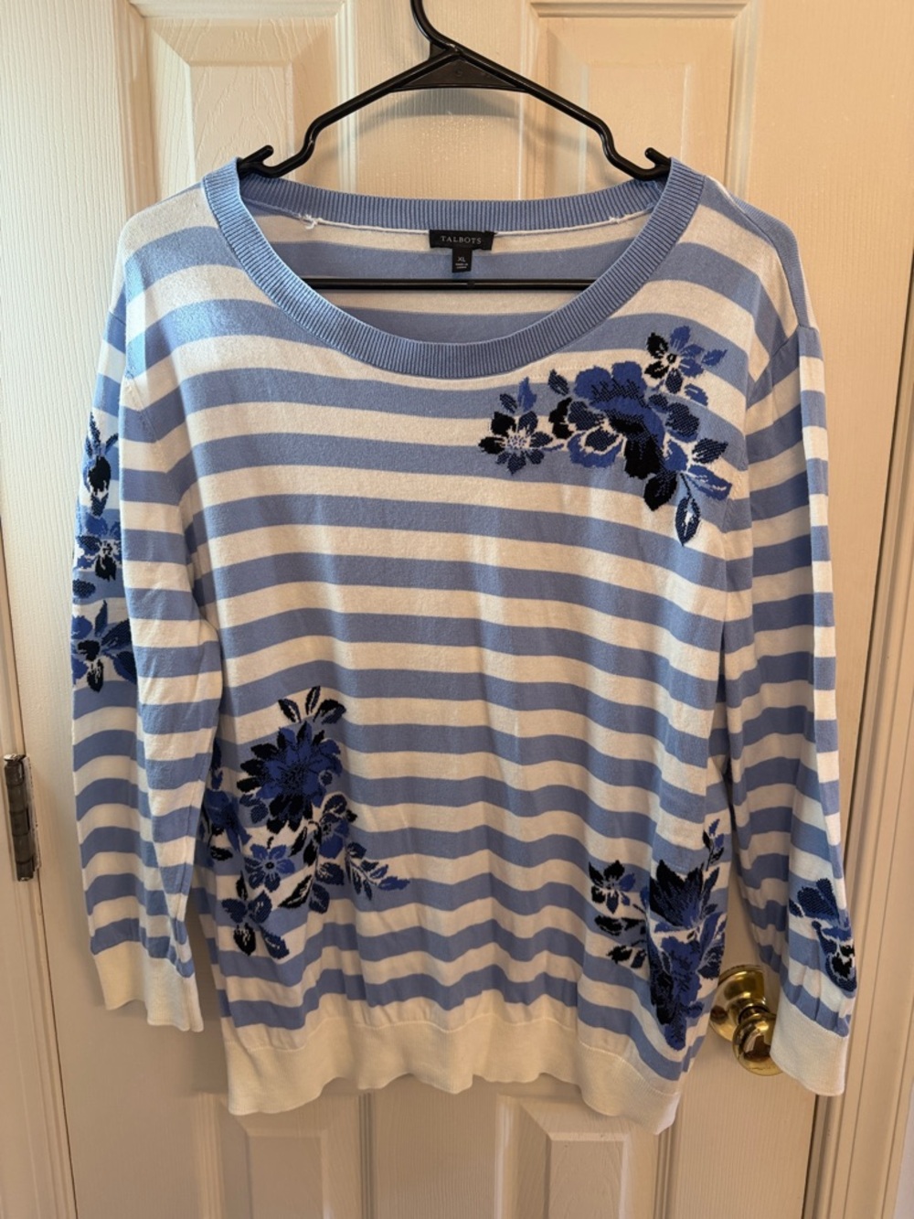 Talbots Light Blue & White Striped Floral Crewneck Pullover
